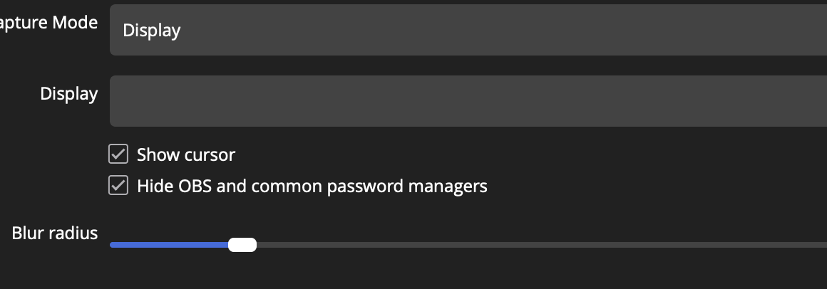 Actual StreamShield capture properties with display mode and exclusion controls