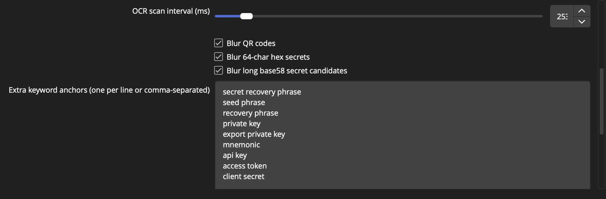 Actual StreamShield detector settings showing OCR interval and built-in secret detectors